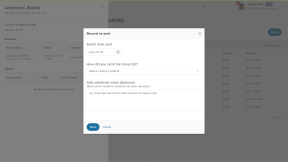 A student's application requests. The educator has clicked Record as sent. The modal is open with the fields to add a date, the delivery method, and any additional notes.